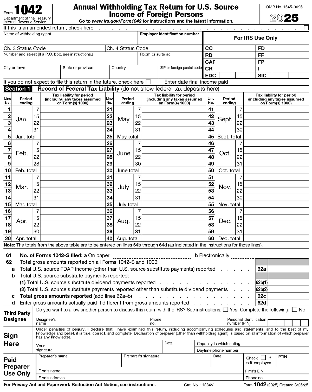 Form 1042, page 1, as posted by the IRS