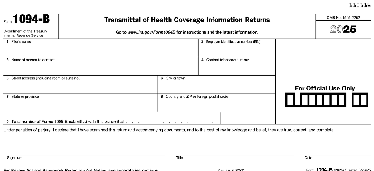 Form 1094-B, page 1, as posted by the IRS