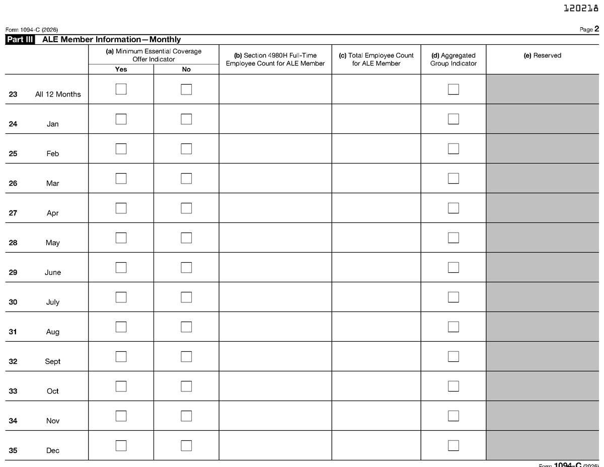 Form 1094-C, page 2, as posted by the IRS