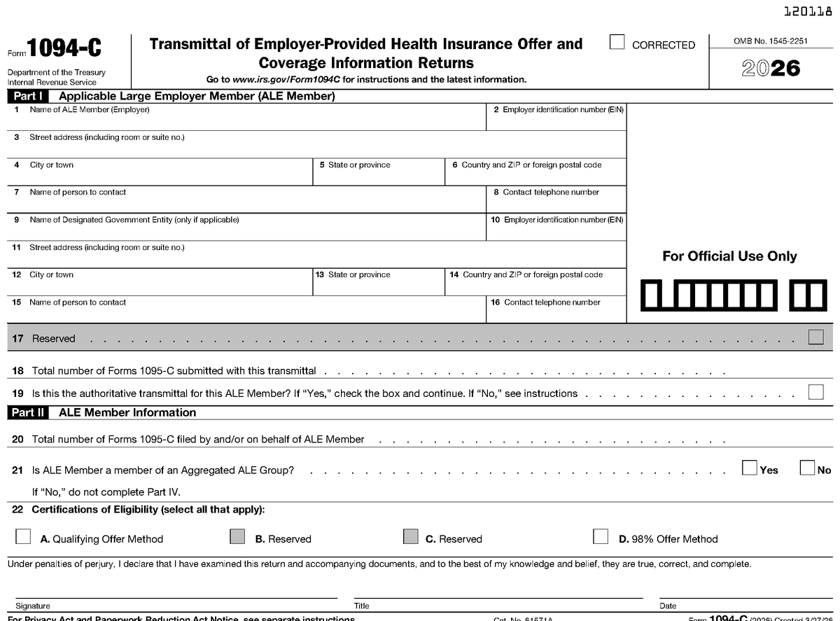 Form 1094-C, page 1, as posted by the IRS