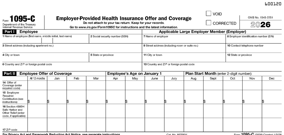Form 1095-C, page 1, as posted by the IRS