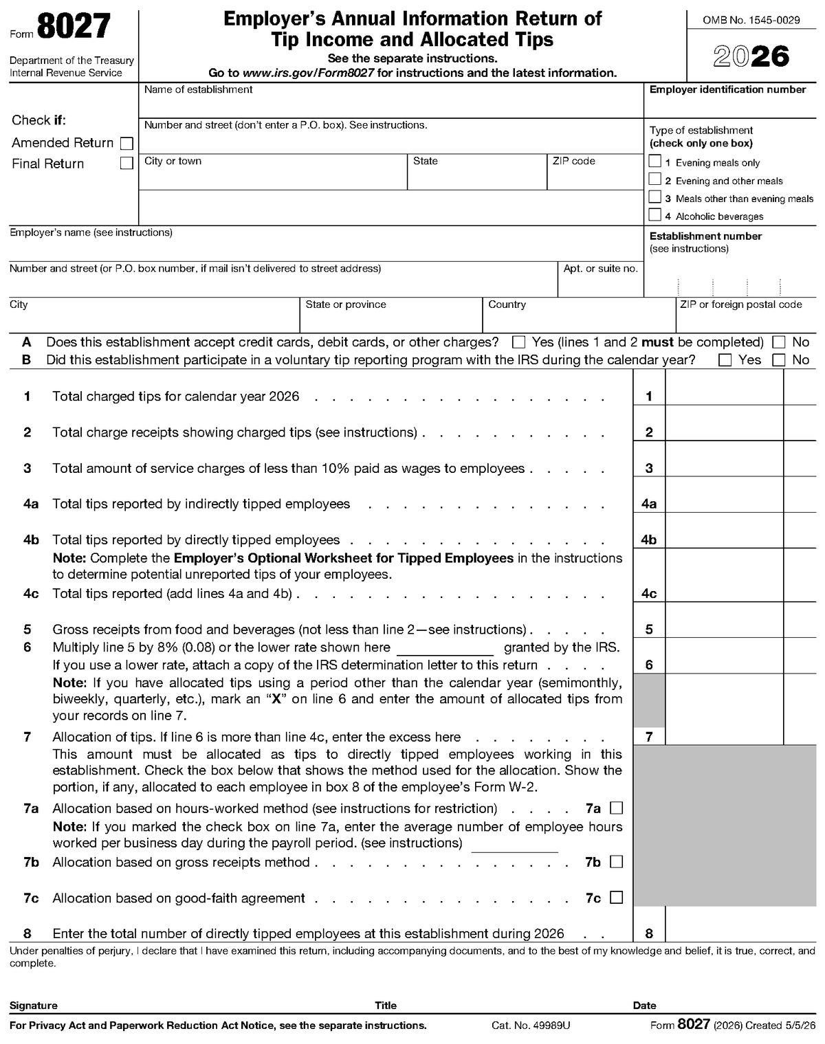 Form 8027, page 1, as posted by the IRS