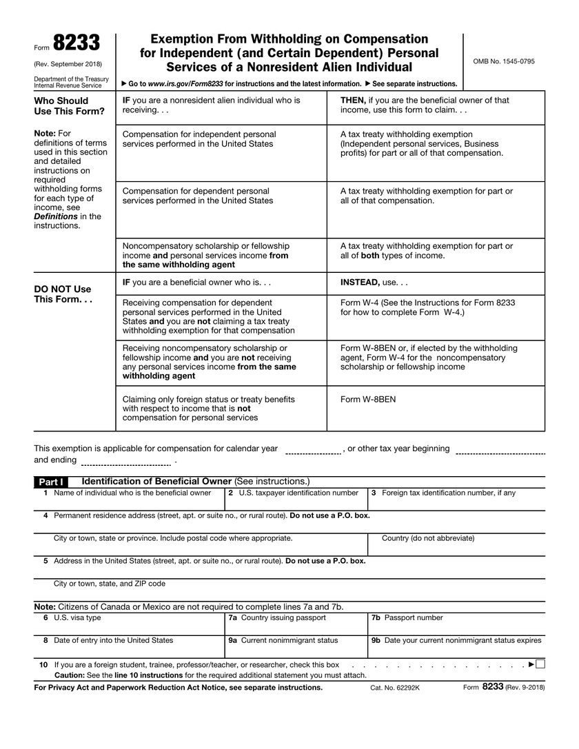 Form 8233, page 1, current IRS revision