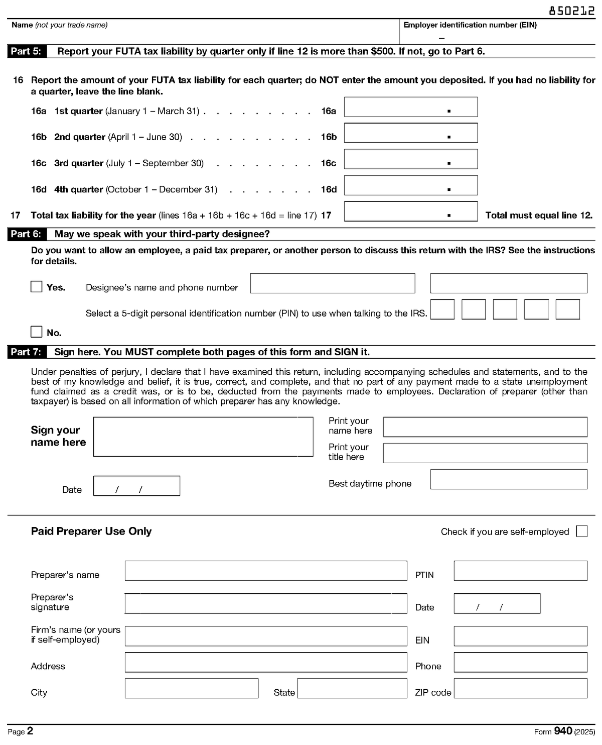 Form 940, page 2, as posted by the IRS