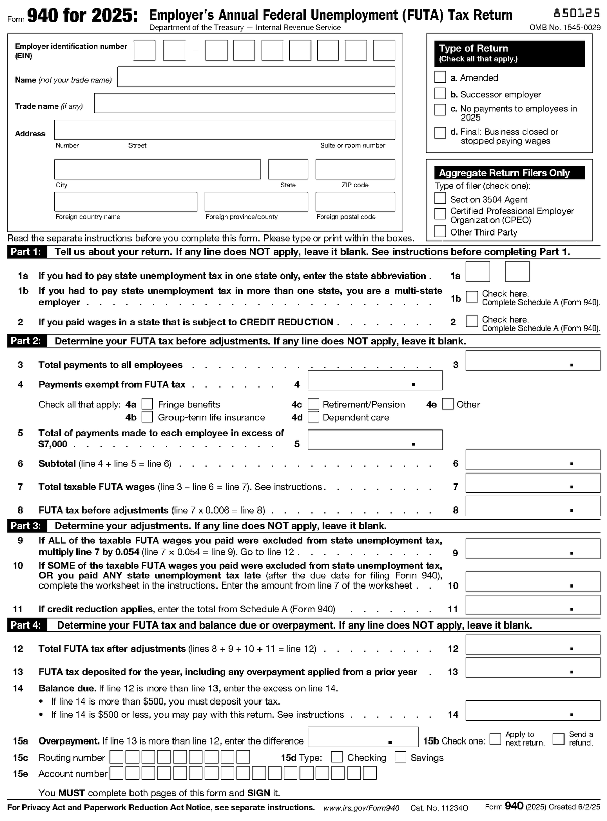 Form 940, page 1, as posted by the IRS