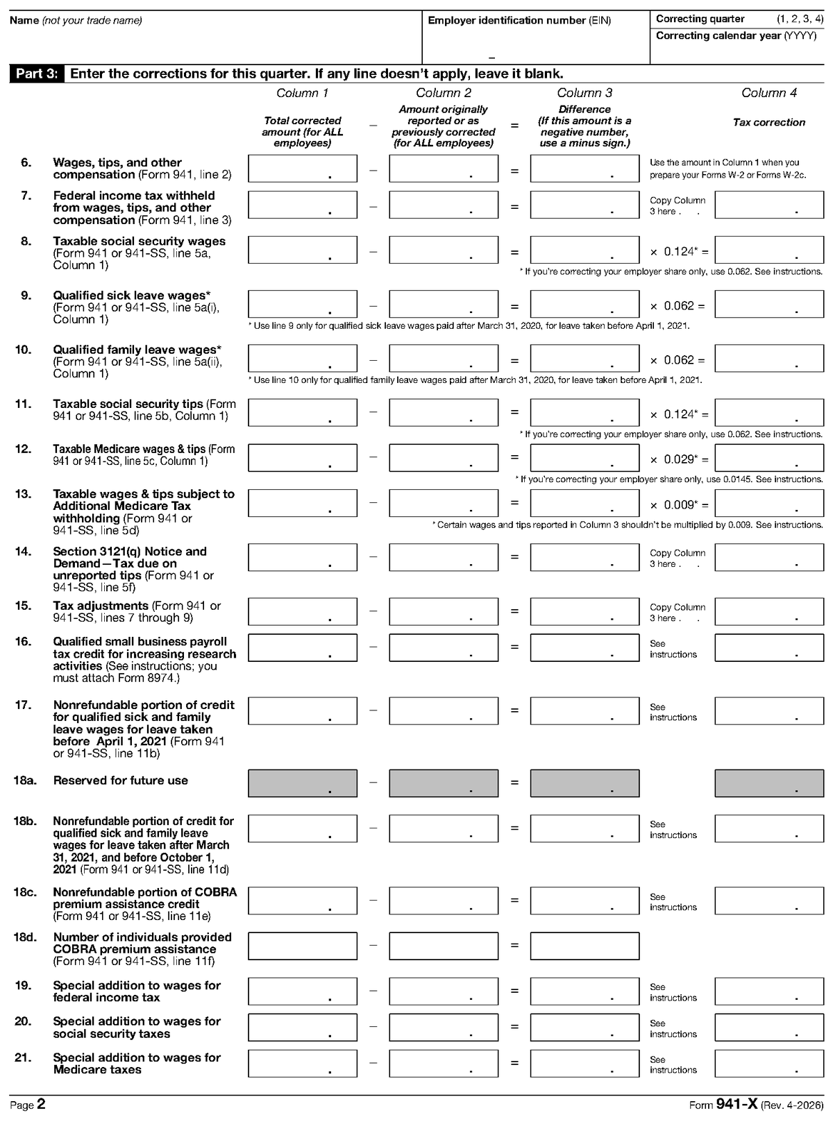 Form 941-X, page 2, as posted by the IRS