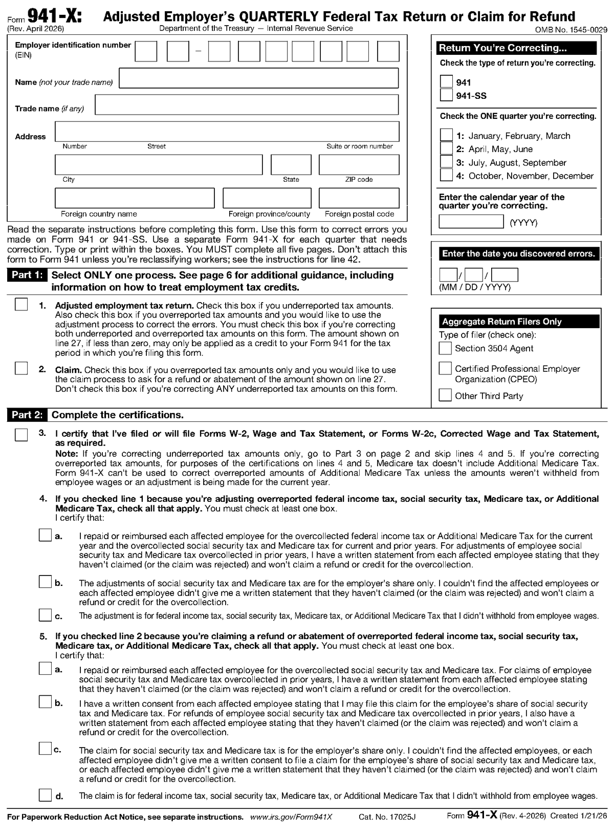Form 941-X, page 1, as posted by the IRS