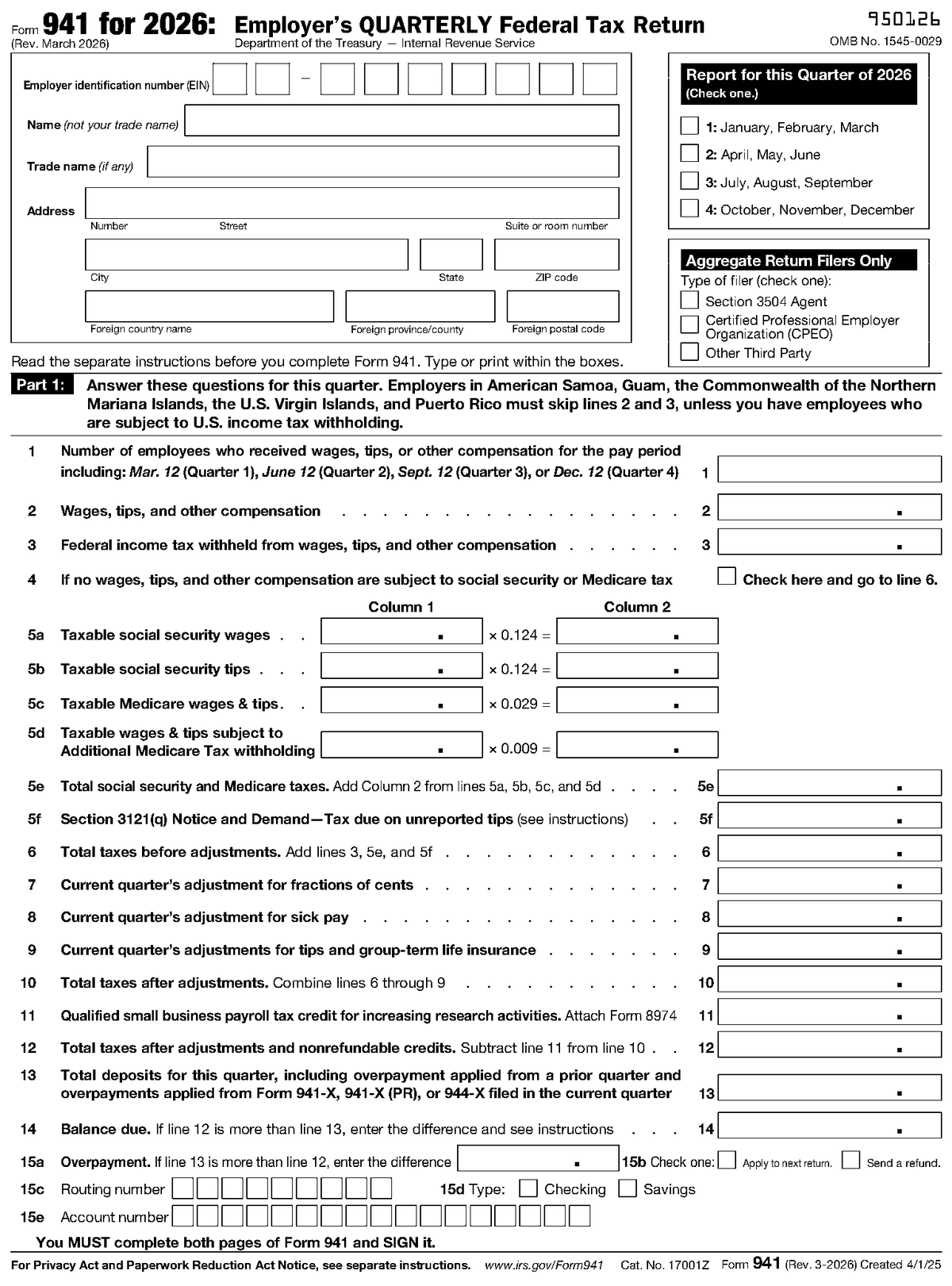 Form 941, page 1, as posted by the IRS