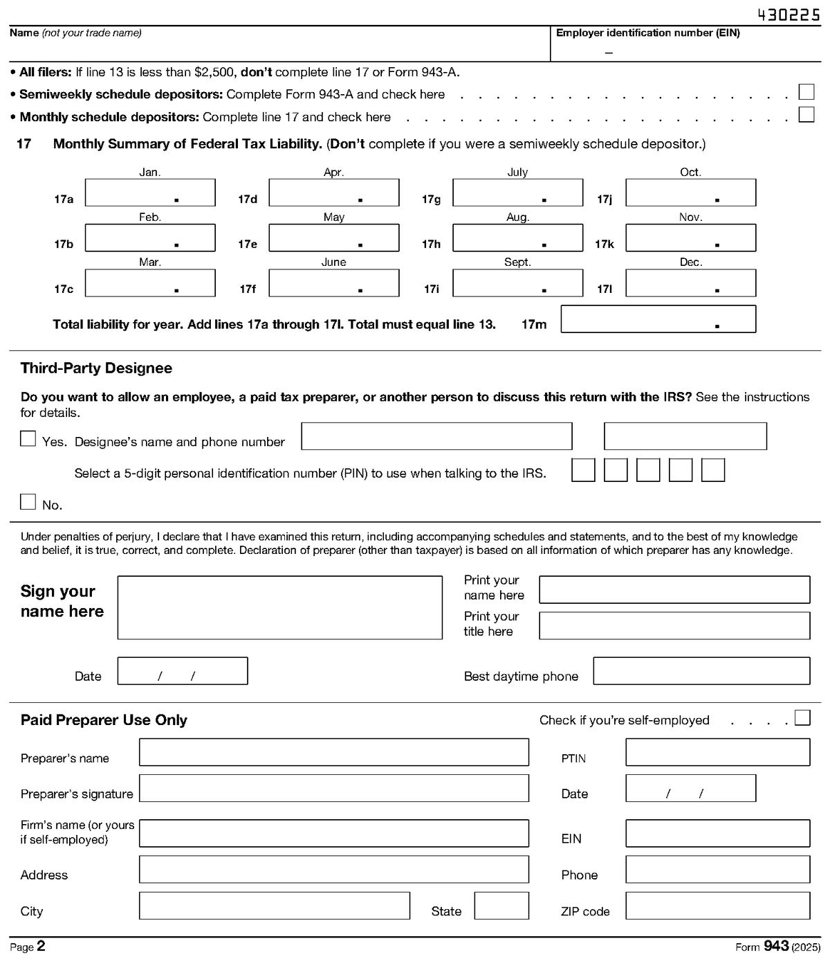 Form 943, page 2, as posted by the IRS