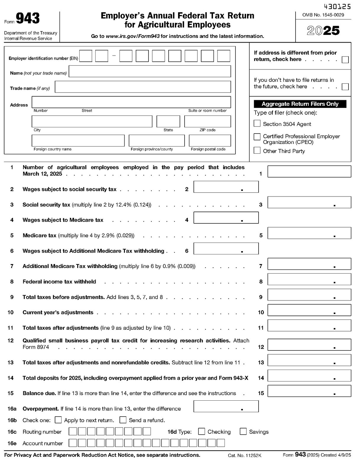 Form 943, page 1, as posted by the IRS