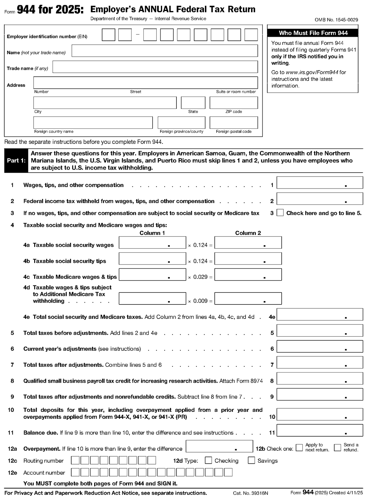 Form 944, page 1, as posted by the IRS