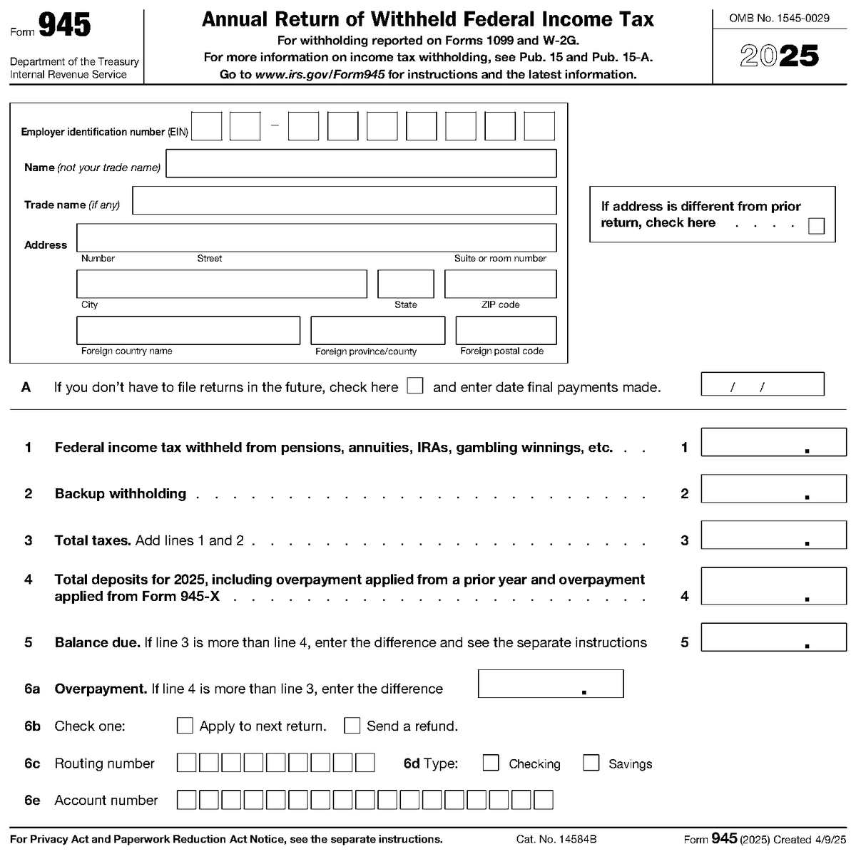 Form 945, page 1, as posted by the IRS
