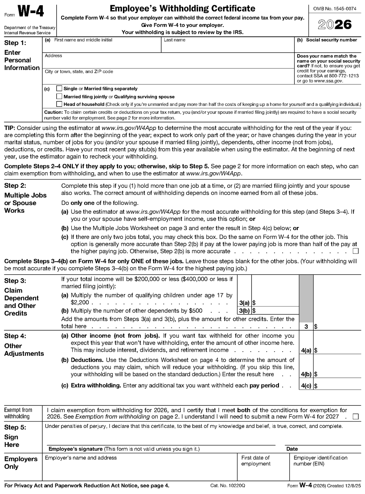 Form W-4, page 1, as posted by the IRS