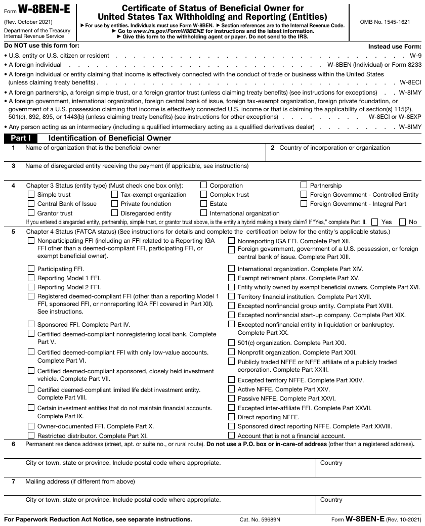 Form W-8BEN-E page 1