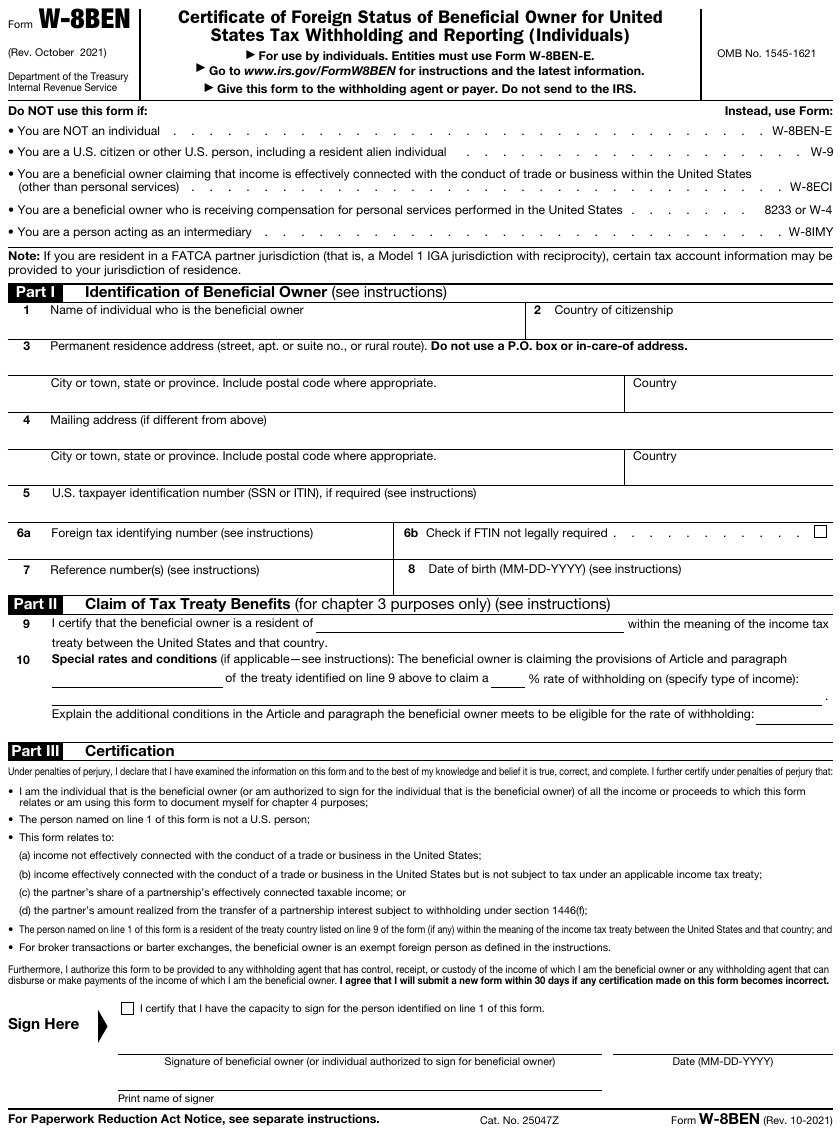 Form W-8BEN page 1