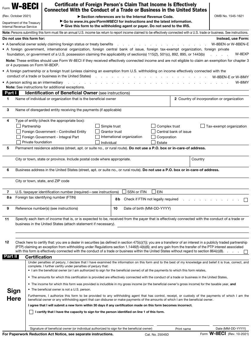 Form W-8ECI page 1
