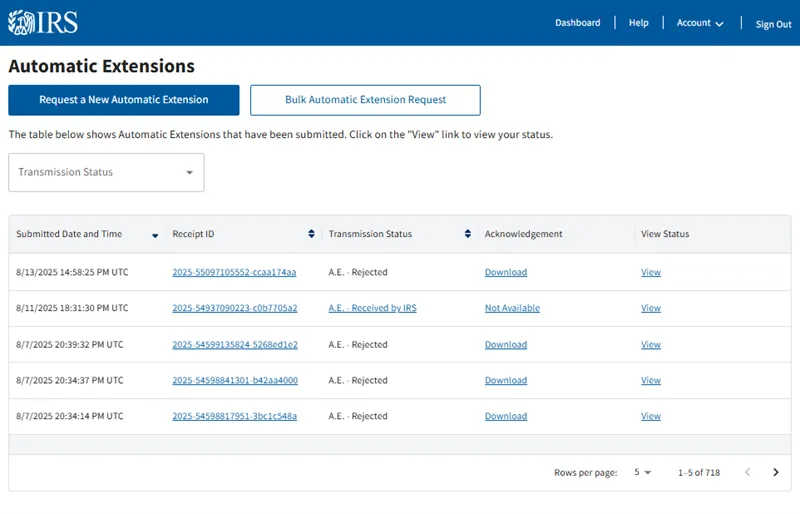 Automatic Extensions page with Request a New Automatic Extension and Bulk Automatic Extension Request buttons