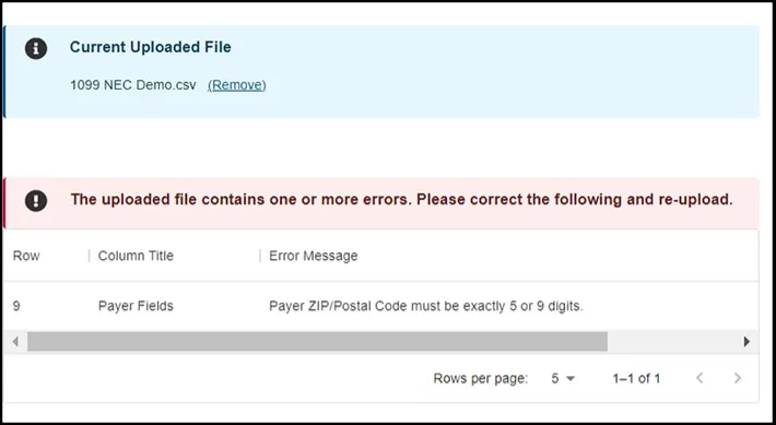 IRIS portal field-level error: Payer ZIP/Postal Code must be exactly 5 or 9 digits