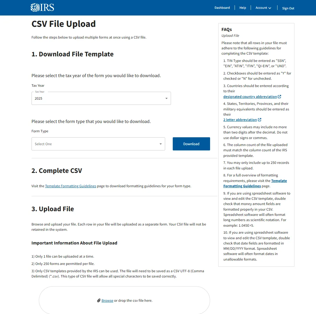CSV File Upload page: download template, complete CSV, upload file
