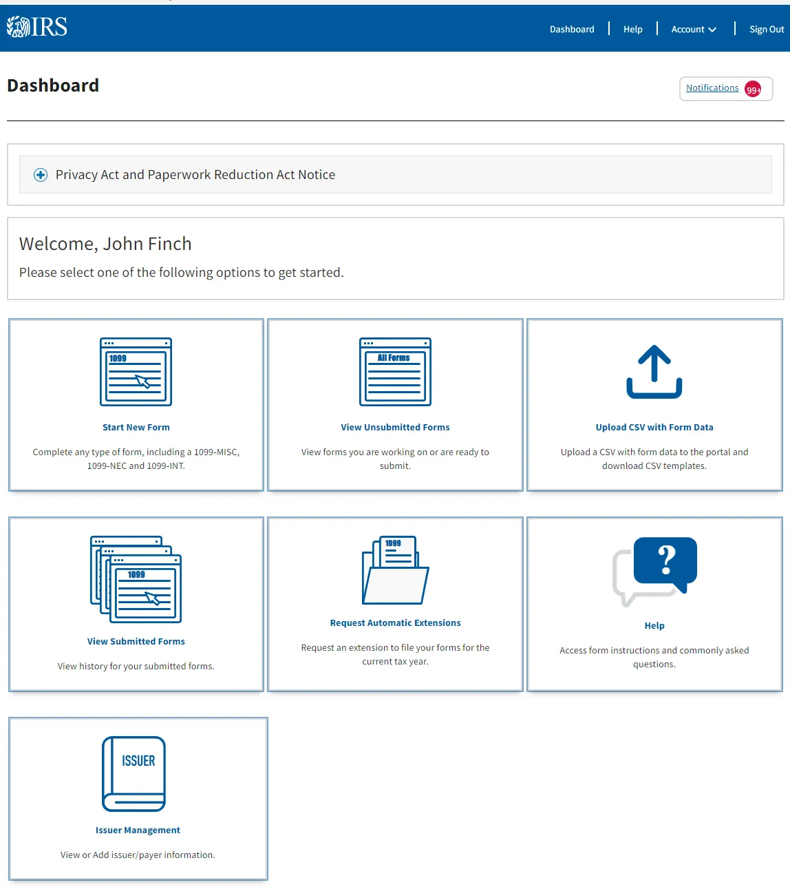 IRIS Taxpayer Portal dashboard with its seven tiles