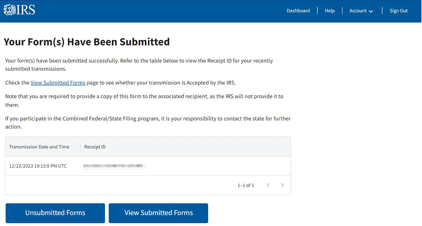 Your Forms Have Been Submitted page with the receipt ID