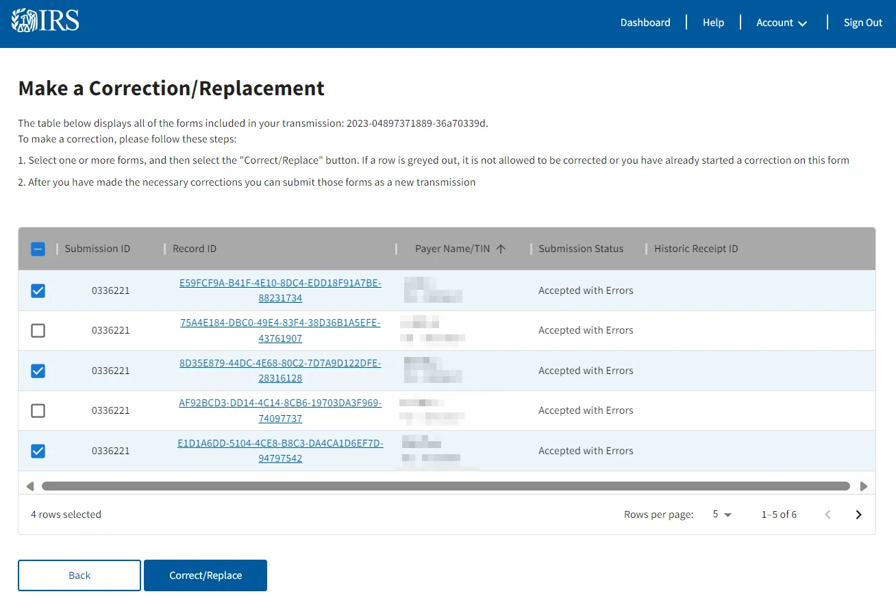 Make a Correction/Replacement page listing the records in a transmission