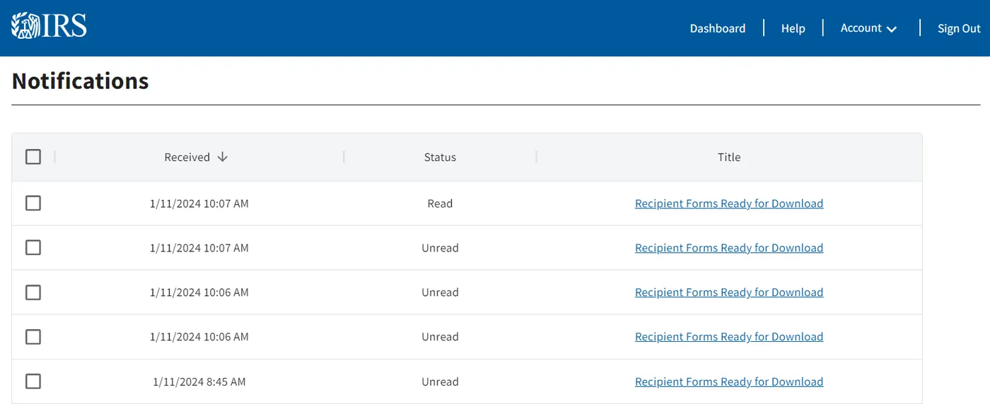 Notifications page listing Recipient Forms Ready for Download