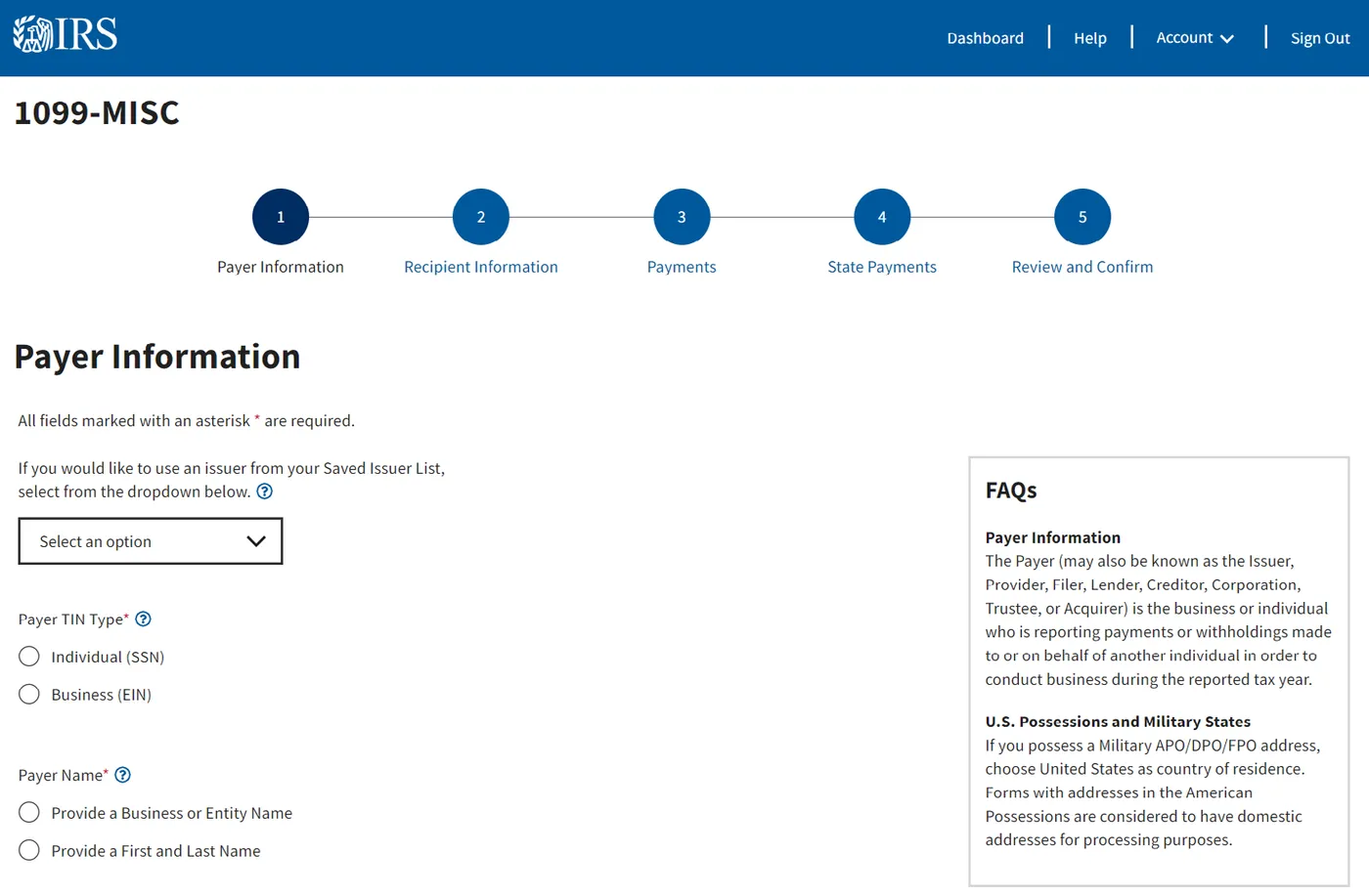 1099-MISC Payer Information page with the five-step progress bar