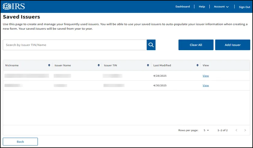 Saved Issuers page in the IRIS portal