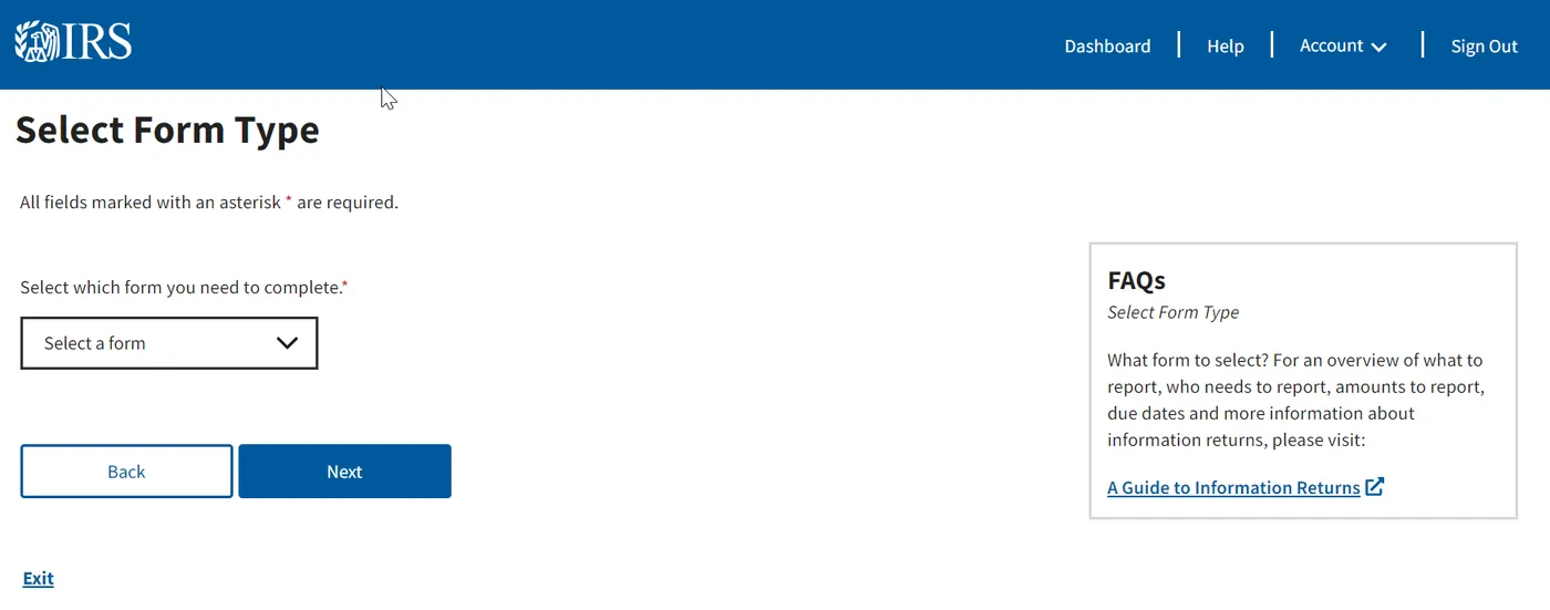Select Form Type page