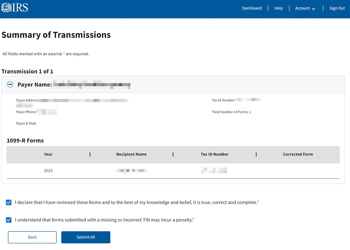 Summary of Transmissions page with the two declaration checkboxes