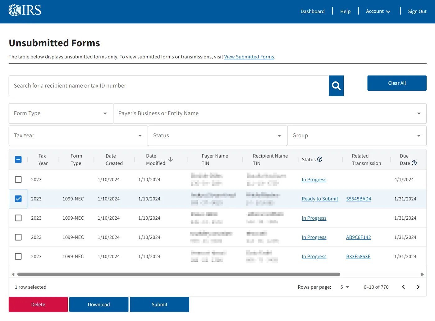Unsubmitted Forms page with forms in In Progress and Ready to Submit status