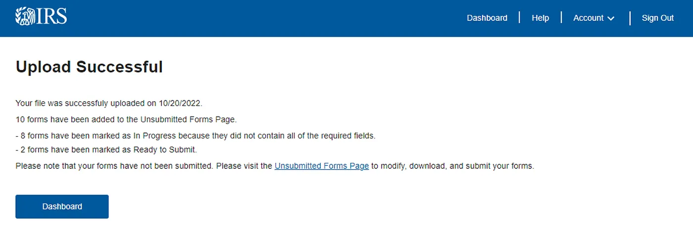 Upload Successful page showing how many forms are ready to submit and how many need more information