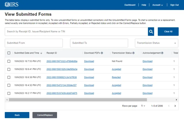 View Submitted Forms page with transmission statuses and acknowledgement downloads
