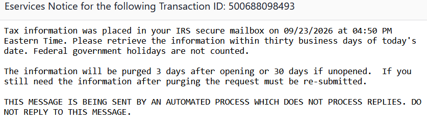 IRS e-Services email notice stating that tax information was placed in the secure mailbox and will be purged