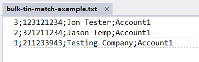 Sample IRS bulk TIN matching input file with three semicolon-delimited records
