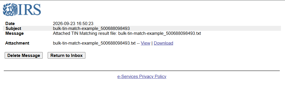 IRS e-Services message showing the attached TIN matching result file with View and Download links