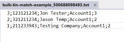 IRS bulk TIN matching results file: the original three records with a result code appended to each line
