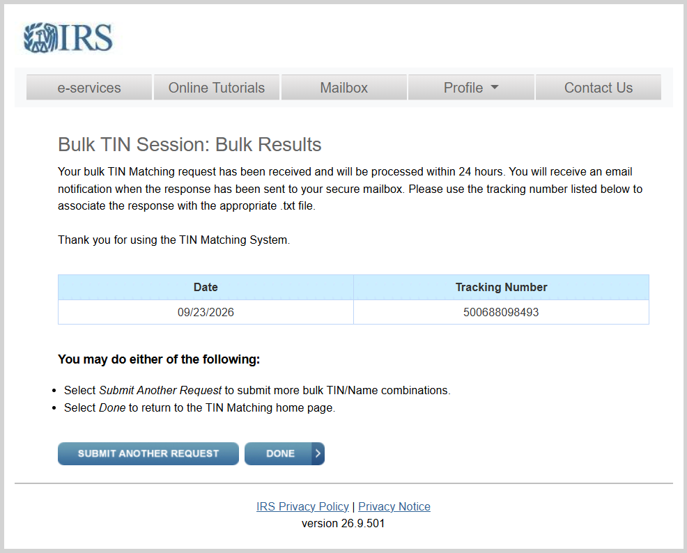 IRS Bulk TIN Session results page confirming receipt with a date and tracking number