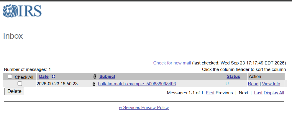 IRS e-Services secure mailbox inbox listing one unread message with the bulk TIN matching results attachment