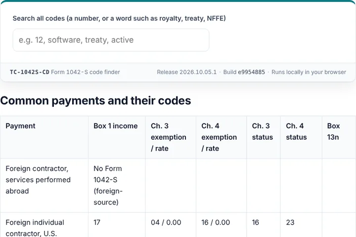 Form 1042-S code finder: screenshot