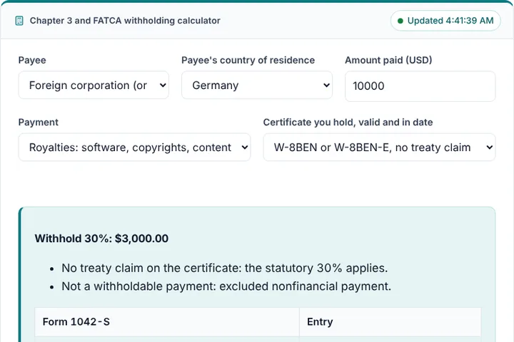Chapter 3 and FATCA withholding calculator: screenshot