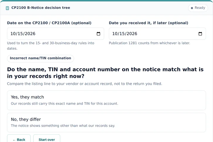 CP2100 B-Notice decision tree filled in with a sample result