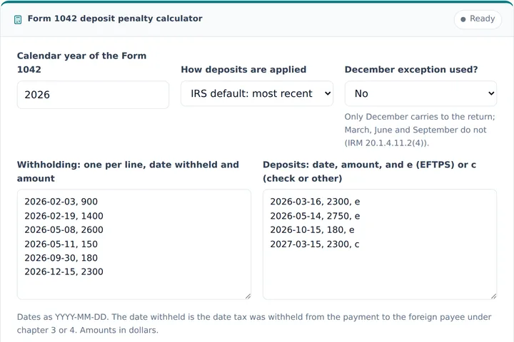 Form 1042 deposit penalty calculator: screenshot
