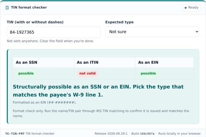 TIN format checker filled in with a sample result