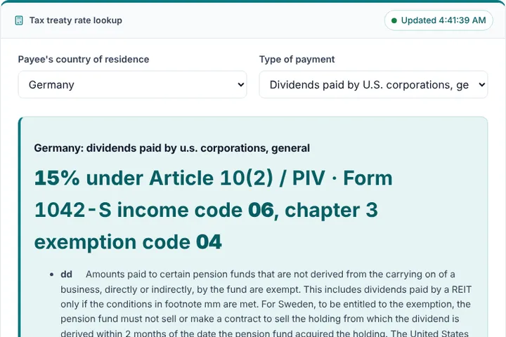 Tax treaty rate lookup: screenshot