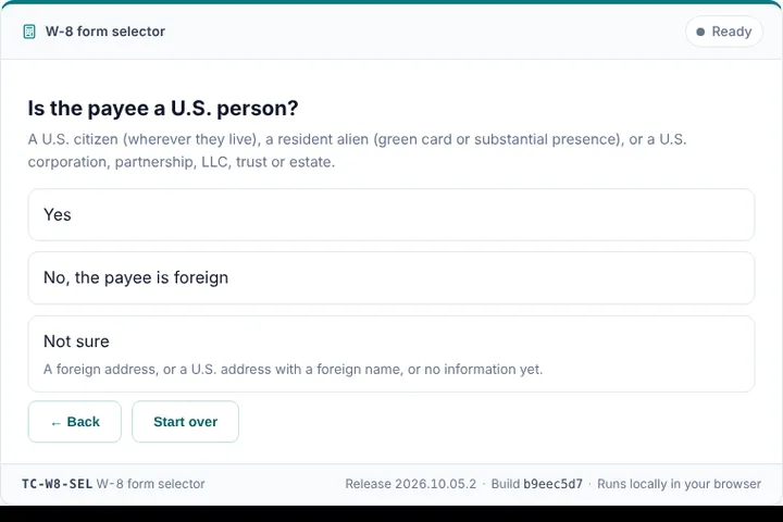 W-8 form selector: screenshot