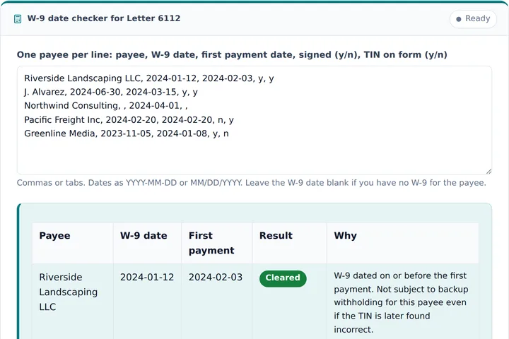 W-9 date checker for Letter 6112 filled in with a sample result