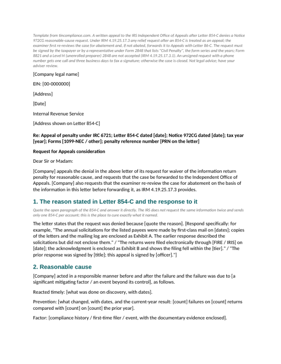 First page of the Appeal request after Letter 854-C, with the Form 2848 checklist template