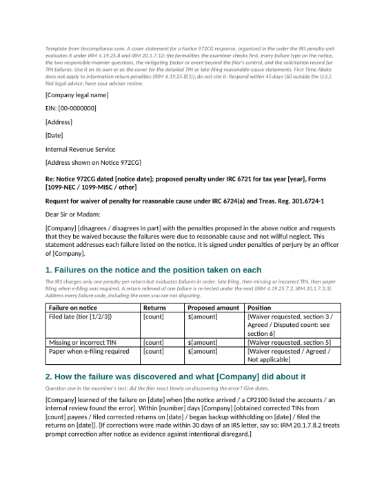 First page of the 972CG response structured on the examiner's checklist (IRM 4.19.25) template